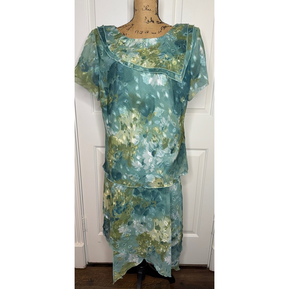 Vintage‎ 1990's Lady Dorby Women's 18W Teal Floral Sheer Overlay Skirt Set EUC